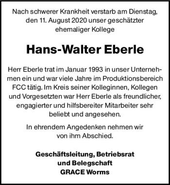 Traueranzeige von Hans-Walter Eberle von vrm-trauer