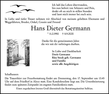 Traueranzeige von Hans Dieter Germann von vrm-trauer