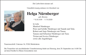 Traueranzeige von Helga Nürnberger von vrm-trauer
