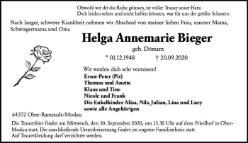 Traueranzeige von Helga Annemarie Bieger von vrm-trauer