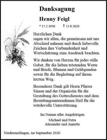 Traueranzeige von Henny Feigl von vrm-trauer