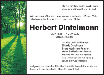 Traueranzeige von Herbert Dintelmann von vrm-trauer