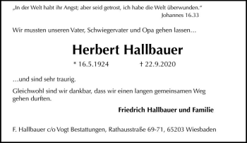 Traueranzeige von Herbert Hallbauer von vrm-trauer