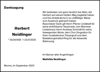 Traueranzeige von Herbert Neidlinger von vrm-trauer
