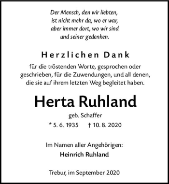 Traueranzeige von Herta Ruhland von vrm-trauer