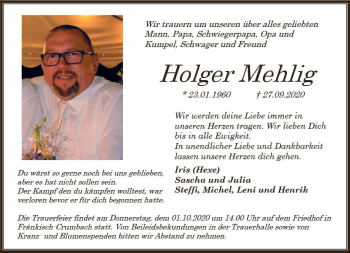 Traueranzeige von Holger Mehlig von vrm-trauer