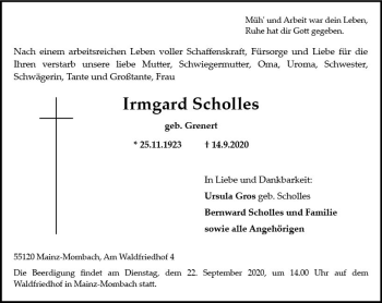 Traueranzeige von Irmgard Scholles von vrm-trauer