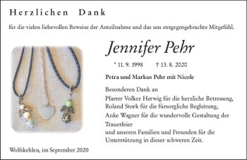 Traueranzeige von Jennifer Pehr von vrm-trauer