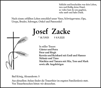 Traueranzeige von Josef Zacke von vrm-trauer