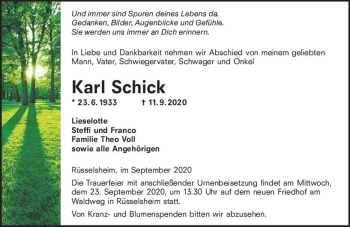 Traueranzeige von Karl Schick von vrm-trauer
