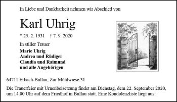 Traueranzeige von Karl Uhrig von vrm-trauer