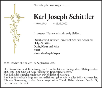 Traueranzeige von Karl Joseph Schittler von vrm-trauer
