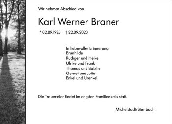 Traueranzeige von Karl Werner Braner von vrm-trauer