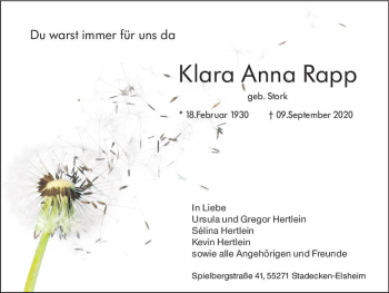 Traueranzeige von Klara Anna Rapp von vrm-trauer