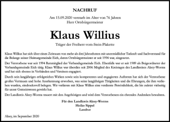 Traueranzeige von Klaus Willius von vrm-trauer
