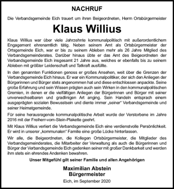 Traueranzeige von Klaus Willius von vrm-trauer