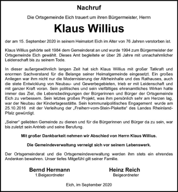Traueranzeige von Klaus Willius von vrm-trauer