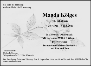 Traueranzeige von Magda Kölges von vrm-trauer