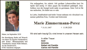 Traueranzeige von Marie Zimmermann-Perez von vrm-trauer
