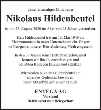 Traueranzeige von Nikolaus Hildenbeutel von vrm-trauer