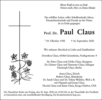Traueranzeige von Paul Claus von vrm-trauer