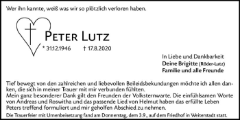 Traueranzeige von Peter Lutz von vrm-trauer
