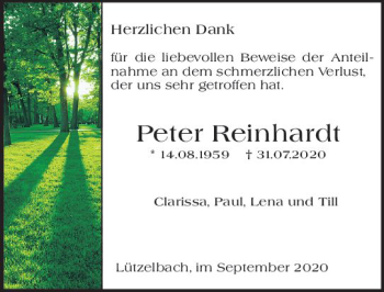 Traueranzeige von Peter Reinhardt von vrm-trauer