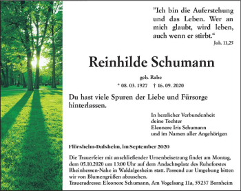 Traueranzeige von Reinhilde Schumann von vrm-trauer