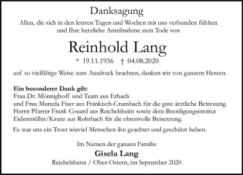Traueranzeige von Reinhold Lang von vrm-trauer