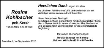 Traueranzeige von Rosina Kohlbacher von vrm-trauer