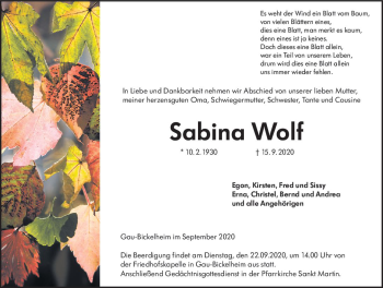 Traueranzeige von Sabina Wolf von vrm-trauer