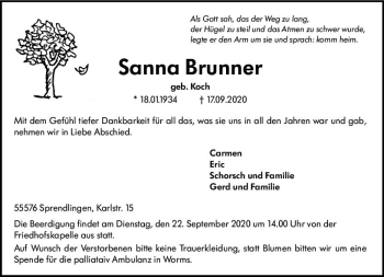 Traueranzeige von Sanna Brunner von vrm-trauer