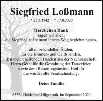 Traueranzeige von Siegfried Loßmann von vrm-trauer