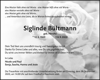 Traueranzeige von Siglinde Bültmann von vrm-trauer
