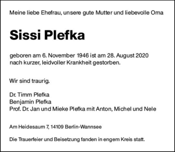 Traueranzeige von Sissi Plefka von vrm-trauer