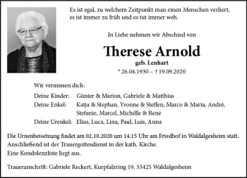 Traueranzeige von Therese Arnold von vrm-trauer