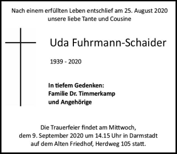 Traueranzeige von Uda Fuhrmann-Schaider von vrm-trauer