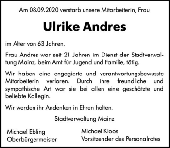 Traueranzeige von Ulrike Andres von vrm-trauer