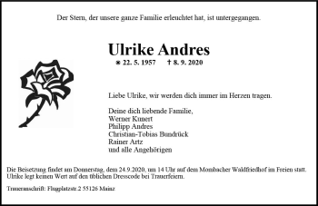 Traueranzeige von Ulrike Andres von vrm-trauer