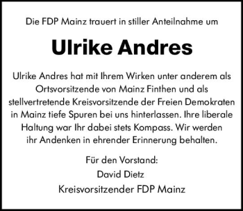 Traueranzeige von Ulrike Andres von vrm-trauer