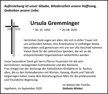 Traueranzeige von Ursula Gremminger von vrm-trauer