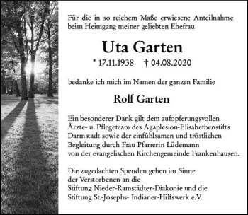 Traueranzeige von Uta Garten von vrm-trauer