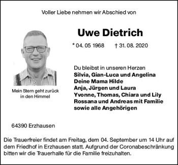 Traueranzeige von Uwe Dietrich von vrm-trauer