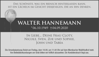 Traueranzeige von Walter Hannemann von vrm-trauer