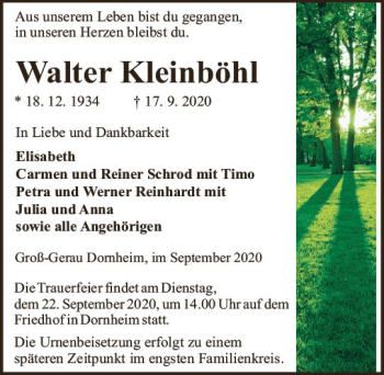Traueranzeige von Walter Kleinböhl von vrm-trauer