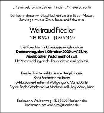 Traueranzeige von Waltraud Fiedler von vrm-trauer