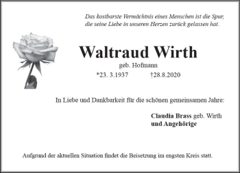 Traueranzeige von Waltraud Wirth von vrm-trauer