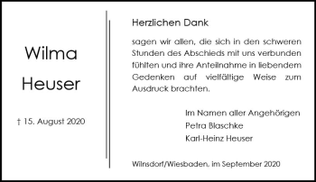 Traueranzeige von Wilma Heuser von vrm-trauer