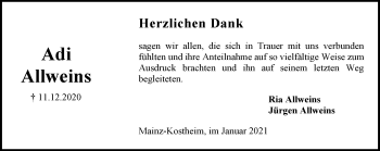 Traueranzeige von Adi Allweins von vrm-trauer