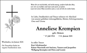 Traueranzeige von Anneliese Krempien von vrm-trauer